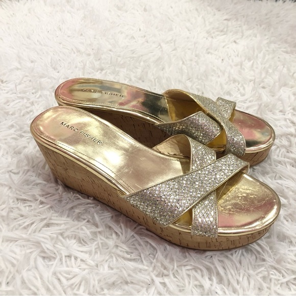Marc Fisher Cilla 2 Glitter Heel Wedges Gold 9‎ - Picture 1 of 12